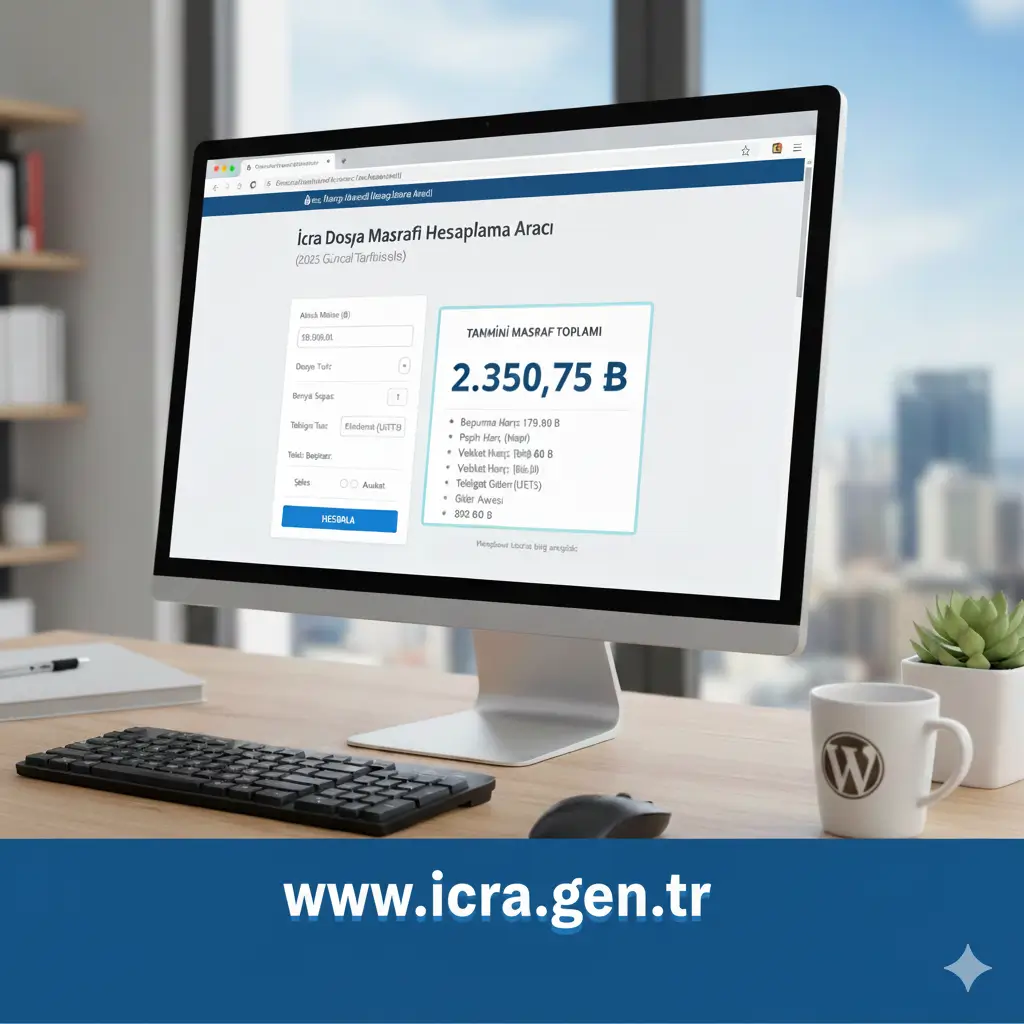 Bilgisayar ekranında görünen WordPress icra masrafı hesaplama eklentisi ve hesaplama sonuçları paneli.