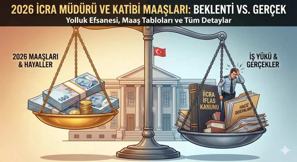 2026 icra müdürü ve icra katibi maaşları ile ağır iş yükü gerçeğini karşılaştıran terazi görseli. Bir kefede para ve hayaller, diğer kefede hukuki sorumluluk, dosya yükü ve stres var. Başlık: Beklenti vs. Gerçek.