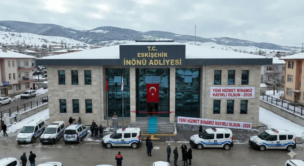Eskişehir İnönü Adliyesi yeni hizmet binası önünde polis araçları ve açılış hazırlıkları.