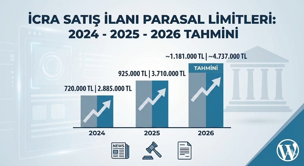 2024, 2025 ve 2026 yılları icra satış ilanı parasal limitleri karşılaştırma grafiği ve ilan eşikleri.
