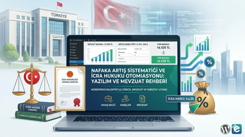 Türkiye'de nafaka artış hesaplama otomasyonunu temsil eden, laptop ekranında eklenti arayüzü, adalet terazisi ve Türk bayrağı içeren profesyonel illüstrasyon.
