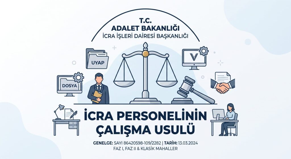 Adalet Bakanlığı 2024 genelgesine göre icra personelinin çalışma usulü, UYAP sistemi ve görev dağılımını gösteren şema.